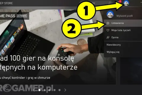 Xbox realizacja kodu: kliknij ikonę profilu (1), a następnie Ustawienia (2), aby zarządzać kontem.