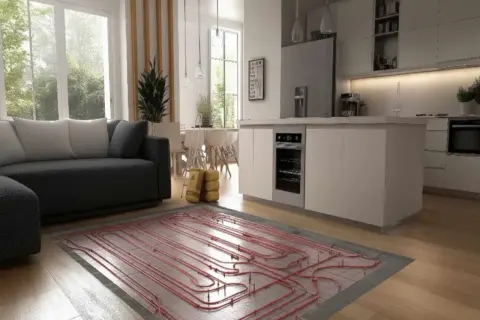 Instalación de suelo radiante aerotermia en una cocina moderna con sofá y ventanas amplias.