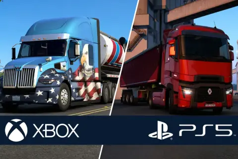 Dwa potężne ciężarówki, jedna z amerykańskimi barwami, druga czerwona, na tle przemysłowym. Zapowiedź Euro Truck Simulator 2 PS5.