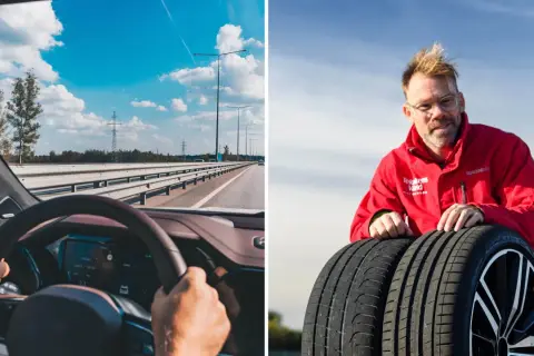 Föraren känner vibrationer i ratten på motorvägen. Bredvid visas en man med däck.