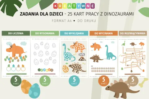 Karty pracy z dinozaurami: liczenie, rysowanie, wyklejanie, wycinanie i rozwiązywanie labiryntów. Idealne na dzień dinozaura!