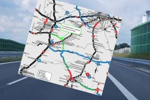 Mapa drogowa z zaznaczoną trasą S8, łączącą Łódź z okolicami Warszawy i dalej na południe. Widok z perspektywy kierowcy.