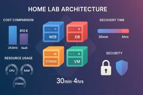 Architecture de labo domestique : stockage persistant pour Web, DB, VM et stockage. Coût, utilisation des ressources, temps de récupération et sécurité.