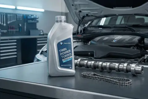 Olej BMW Twin Power Turbo 5W-30, wałek rozrządu i łańcuch rozrządu na stole warsztatowym.