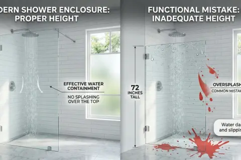 Comparaison de la hauteur paroi de douche : 80 pouces pour une bonne étanchéité, 72 pouces entraînant des éclaboussures et des risques.