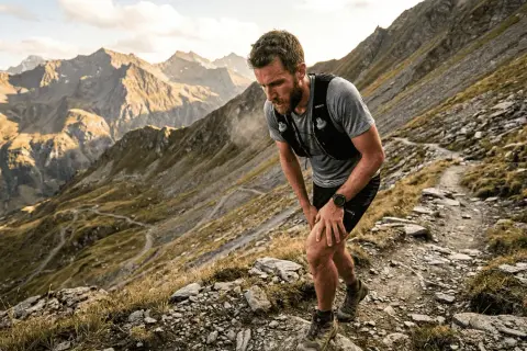 Patrick Bohard, un traileur, s'arrête sur un sentier rocailleux de montagne, le souffle court, le regard perdu dans les sommets.