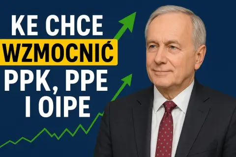 KE chce wzmocnić pracowniczy plan kapitałowy (PPK), PPE i I OIPE. Mężczyzna w garniturze na tle wykresu wzrostu.