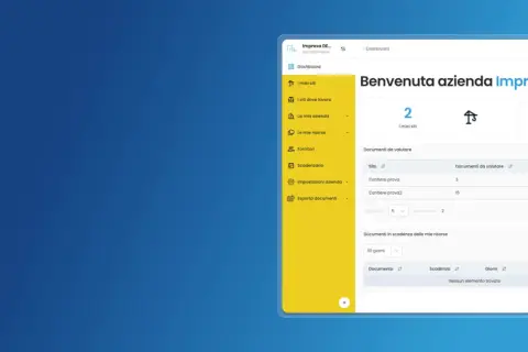 Dashboard aziendale con sezioni per la gestione dei siti, risorse e documenti. Utile per il pos sicurezza sul lavoro.