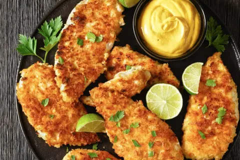 Chrupiący kotlet z piersi kurczaka, podany z sosem i limonką. Idealny na szybki obiad.