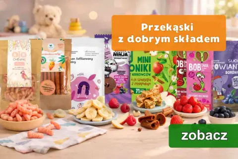 Zdrowe przekąski dla dzieci: chrupki, liofilizowane owoce, rolki z jabłka i maliny. Idealny koperek dla dzieci.