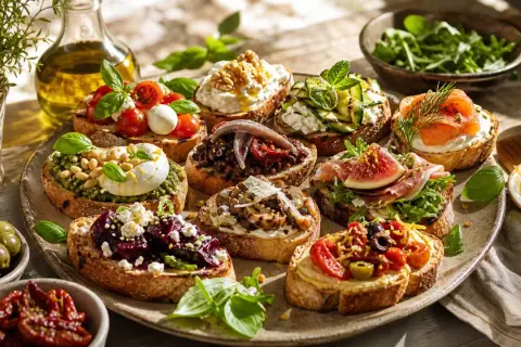 Plateau de crostini italiens variés : tomates, mozzarella, pesto, figues, saumon fumé, légumes grillés, olives.