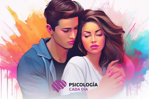 Pareja abrazada, con miradas melancólicas. El amor duele, pero la conexión es profunda. Fondo abstracto de colores vibrantes.