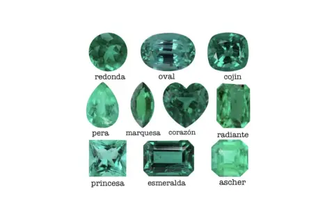 Nueve gemas verdes, cada una con una forma distinta: redonda, oval, cojín, pera, marquesa, corazón, radiante, princesa y ascher. La forma de la esmeralda varía, mostrando su versatilidad.