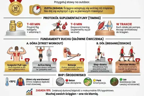 Grafika o przygotowaniu do sezonu, zawiera protokół suplementacyjny i ćwiczenia na górę i dół ciała. Wskazówki dotyczące treningu marszowego i BHP.
