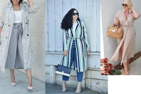 Trzy kobiety plus size prezentują stylowe kreacje: w koronkowym trenczu, w pasiastym kardiganie i w sukience w kratę.