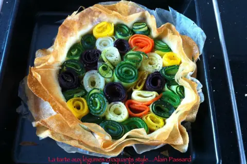 Une quiche aux légumes colorés, enroulés en spirales, dans une pâte croustillante.