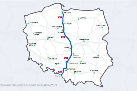 Mapa pokazuje autostrady i drogi ekspresowe w Polsce, z zaznaczoną trasą A1 łączącą Gdańsk z Katowicami i dalej z Gorzyczkami.