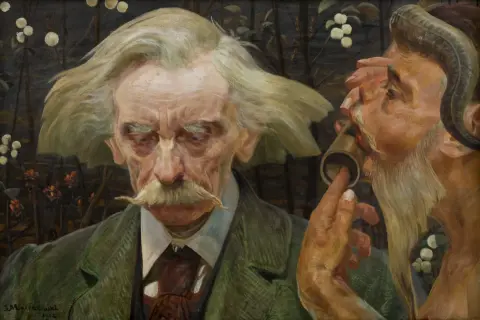 Portret mężczyzny z wąsami i faunem, symbolizujący przedstawicieli symbolizmu w malarstwie.