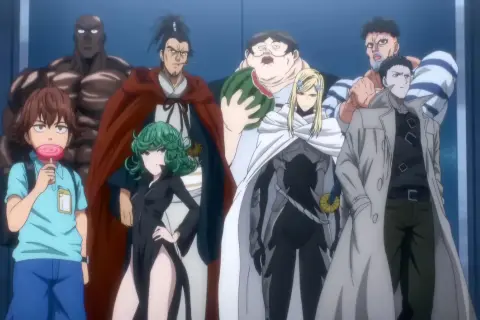 Helden der Helden-Assoziation, darunter ein Junge mit Lutscher, Tatsumaki und andere, bereit für One Punch Man Season 3.