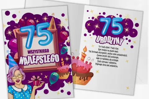 Wesołe kartki z życzeniami na 75 urodziny, z tortem, balonami i wesołą panią.