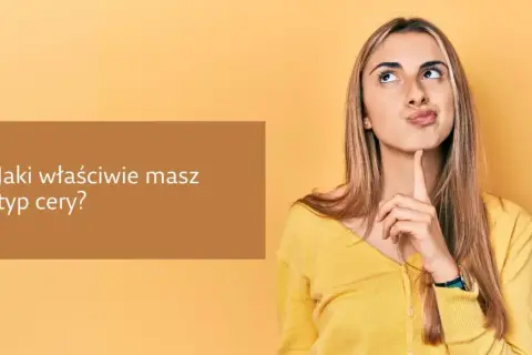 Młoda kobieta zastanawia się nad pytaniem "Jaki właściwie masz typ cery?". Może to początek testu na typ cery.