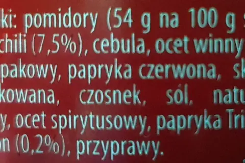 Sos z pomidorów, cukru, cebuli, czosnku i papryki Trinidad Scorpion (0,2%) z nutą chili.