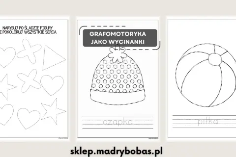 Zestaw ćwiczeń grafomotorycznych do wycinania po śladzie: serca, gwiazdki, trójkąt, czapka i piłka.
