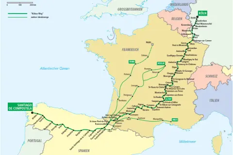 Karte zeigt den Jakobsweg von Köln nach Santiago de Compostela. Der "Kölner Weg" ist als Hauptroute markiert.