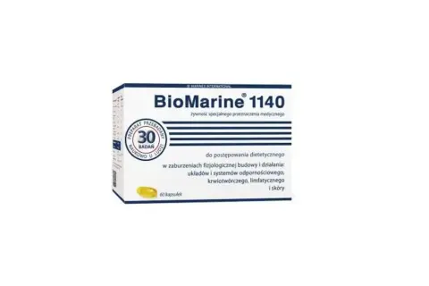 Opakowanie suplementu diety BioMarine 1140, zawierające 60 kapsułek. Produkt przeznaczony do postępowania dietetycznego w zaburzeniach fizjologicznej budowy i działania układów odpornościowego, krwionośnego, limfatycznego i skóry.