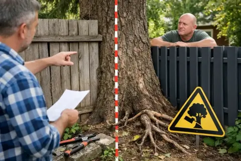 Mężczyźni dyskutują o maksymalnej wysokości drzew przy granicy działki. Obok drzewa znak ostrzegawczy.