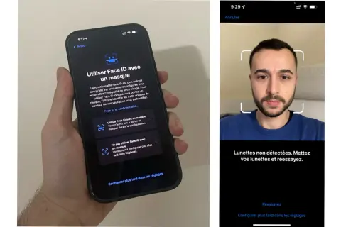 Configuration de Face ID sur iPhone 11 avec ou sans masque. L'écran affiche un homme tentant de configurer ses lunettes.