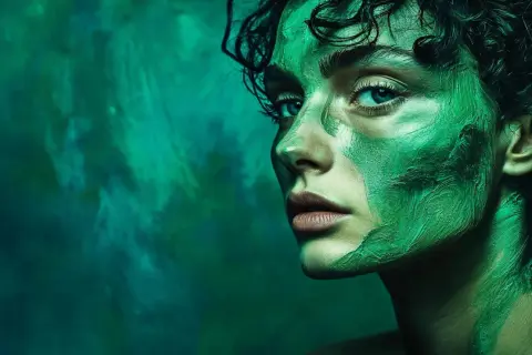 Portrait saisissant d'une femme au visage peint en vert, évoquant l'art d'une photographe femme connue.