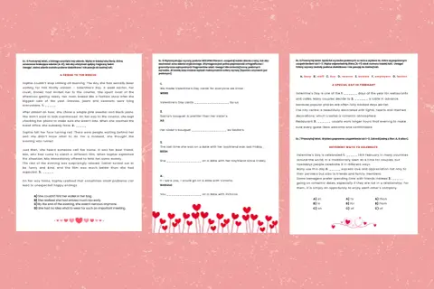 Ćwiczenia z angielskiego na poziomie egzaminu ósmoklasisty, dotyczące Walentynek i relacji.