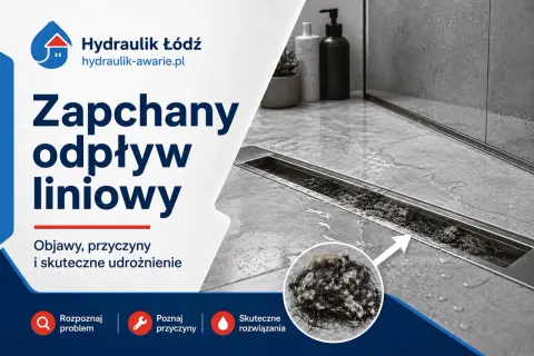 Zapchany odpływ liniowy, pełen włosów i zanieczyszczeń, powoduje nieprzyjemny smród. Hydraulik Łódź oferuje skuteczne udrożnienie.