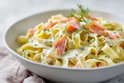 En skål med krämig pasta med laxsås, toppad med dill och laxbitar. En riktig svensk klassiker!