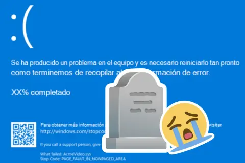 Pantalla negra de error de Windows con un emoji llorando y una lápida. El equipo ha muerto.