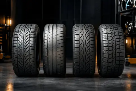 Quatre pneus neufs alignés. Le pneu Kumho, au centre, présente un profil agressif, prêt à affronter tout problème.