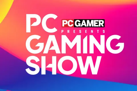 PC Gamer Presents Gaming Show. Kolorowe tło z gradientem.