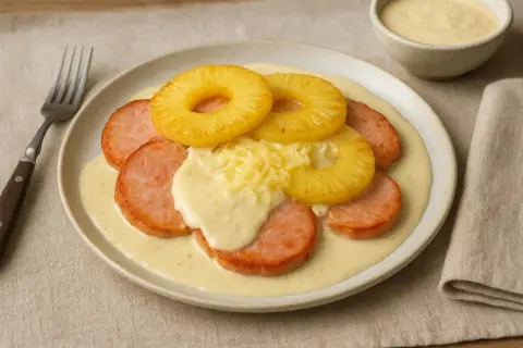 Kassler med ananas och ostsås, ett klassiskt kassler recept som ser utsökt ut.