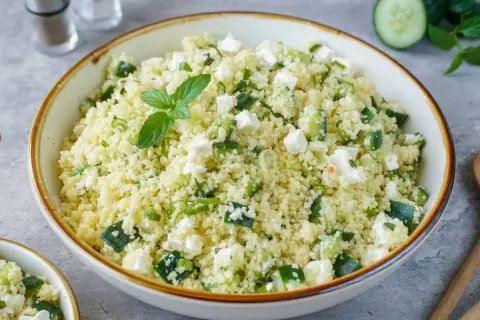 Erfrischender Couscous-Salat mit Gurkenwürfeln, Feta und Minze, garniert mit frischen Kräutern.