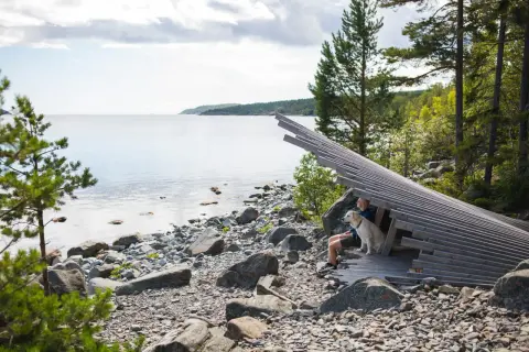 En man och hans hund njuter av en lugn semester vid vattnet, omgivna av stenar och träd.