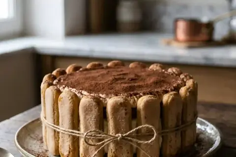 Un délicieux gâteau Charlotte Tiramisu, orné de biscuits à la cuillère et saupoudré de cacao.