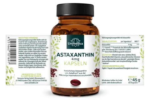 Unimedica Astaxanthin 4mg Kapseln. Natürliches Astaxanthin aus Mikroalgen, kann die Psyche positiv beeinflussen.