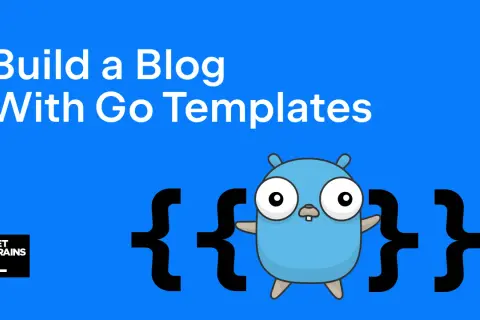 Un mignon personnage bleu, entouré d'accolades, illustre la création d'un blog avec Go Templates.