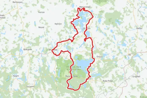 Trasa rowerowa wokół jezior, przez Mazurski Park Krajobrazowy, z Węgorzewa do Rucianej-Nidy.