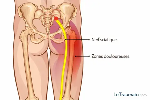 Illustration anatomique montrant le nerf sciatique et les zones douloureuses associées au symptôme de sciatique jambe droite.