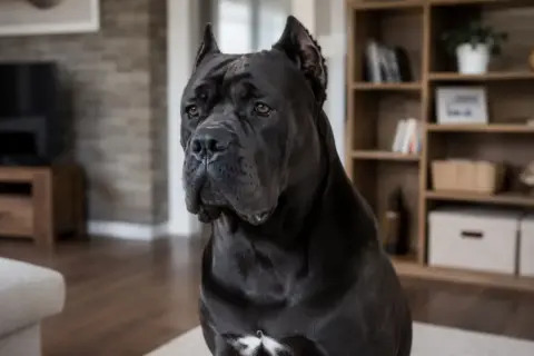 Czarny pies rasy Cane Corso siedzi w salonie. Zastanawiasz się, ile kosztuje Cane Corso?