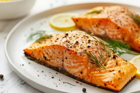 Deux pavés de saumon au four, assaisonnés de poivre et d'aneth, servis avec des rondelles de citron.
