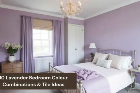 A serene bedroom featuring various lavender color shades on the walls, curtains, and bedding. A crystal chandelier hangs above.