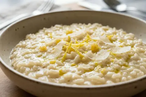 Un cremoso risotto al limone, guarnito con scorza di limone e scaglie di parmigiano, servito in una ciotola rustica.